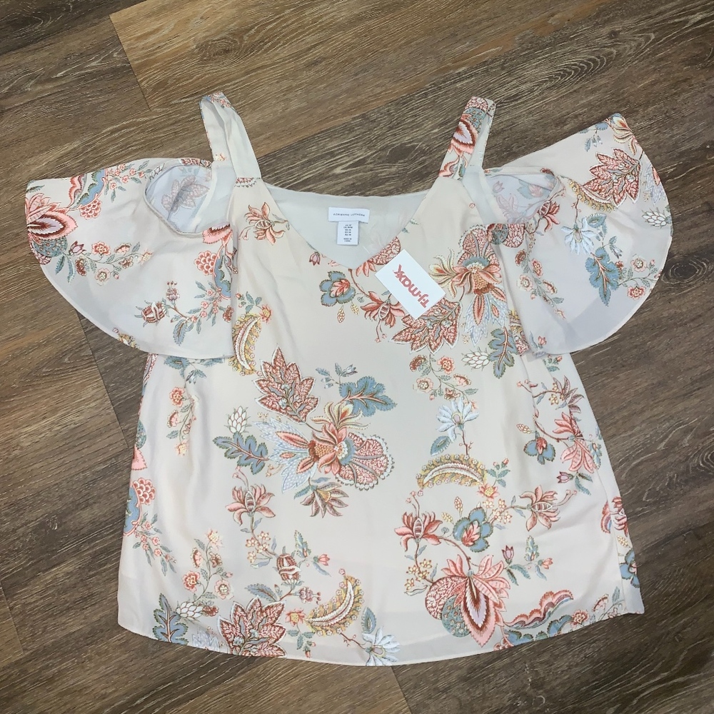 tan floral cold-shoulder blouse